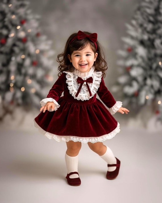 Burgundy Velvet Baby Dress, Lace Collar Holiday Outfit, Vintage Christmas Style