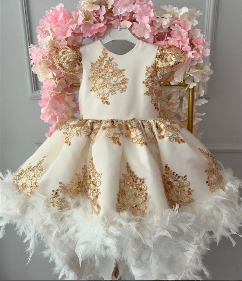 Girl Luxury Gold Sequin Dress, Flower Girls Dress, Fancy Puffy Gold Dress,Baby Girl Birthday Dress, Girl Ballgown Dress zdjęcie 5
