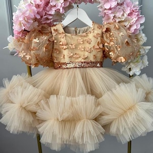 Gold Flower Girl Tutu Dress, 1st Birthday Dress, Princess Puffy Dress, Baby Girl Special Occasions Weeding Dress, Toddler Pagent Dress