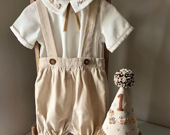 Baby Boy 1st Birthday Outfit: Personalized Bear Theme Birthday Suspender Suit, Beige Linen Romper, Boy Cake Smash Outfit