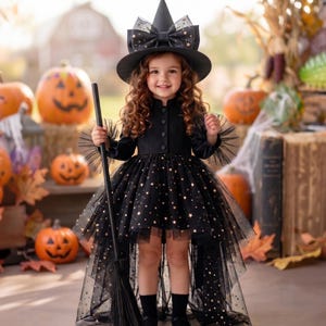 Schwarzes Hexenkleid für Mädchen mit Sternen-Tüllrock und Hut, Halloween-Kostüm für Kleinkinder