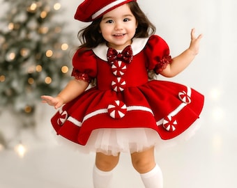 Rotes Weihnacht Mädchen Kleid, Gingerbread Candy Cane Urlaub Outfit, Satin Tüll Rock