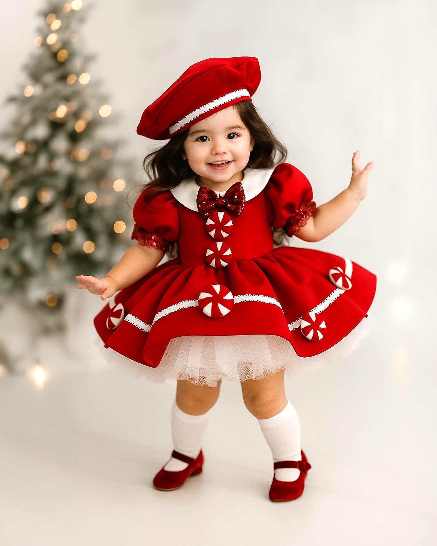 Red Christmas Girl Dress, Gingerbread Candy Cane Holiday Outfit, Satin Tulle Skirt