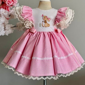 Vestido rosa de Pascua para niñas, traje de bebé bordado conejito, vestido de conejita, fiesta de 1er cumpleaños, disfraz de conejito para niños pequeños