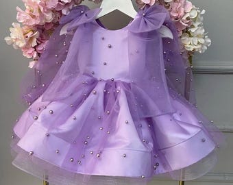 Purple Birthday Tutu Dress, First Birthday Party Dress, Girl Prom Dress, Lilac Tulle Dress, Toddler Girl Wedding Pearl Dress, Puffy Dress