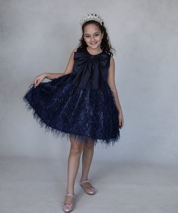 Navy Blue Shinyy Flower Girl Dress, First Birthday Dress, Girls Special Occasion Luxury Party Dresses,Baby Girl Ballgown Dress