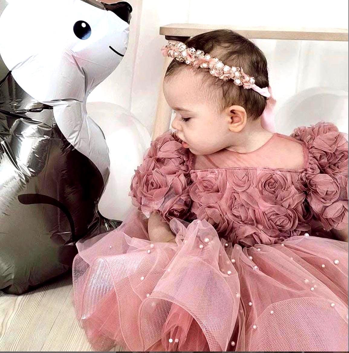 Dusty Rose Tutu Dress With Pearls and 3D Roses, Princess