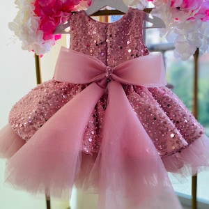 Vestido de tutú rosa empolvado para niña, vestido de lentejuelas para primer cumpleaños, vestido de fiesta para bebé, vestido para ocasiones especiales, vestido de niña de las flores, vestido de bebé para boda