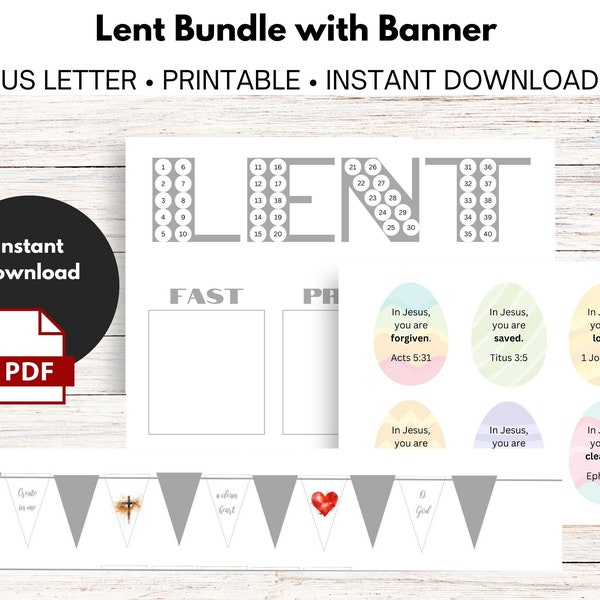 Lent Printable Bundle - Gray Lent Countdown and Planner - Create in me a Clean Heart Banner - Easter Tree Eggs Lent Tree - Instant Download