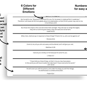 One page of the landscape verse file.  Key features highlighted. 6 different emotions.  Numbered pages for easy assembly.  Over 100 verses.  Great gift idea. Huge time saver!  Verses are evenly spaced so you can cut multiple pages at one time.
