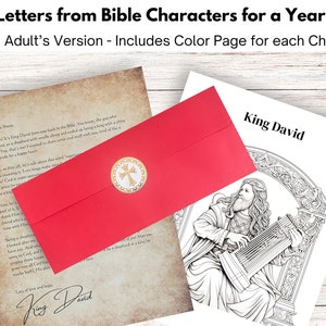 May include: A collection of Bible-themed materials, including a letter, a coloring page, and a red envelope with a gold cross sticker. The text reads "Letters from Bible Characters for a Year" and "Young Adult's Version - Includes Color Page for each Character."