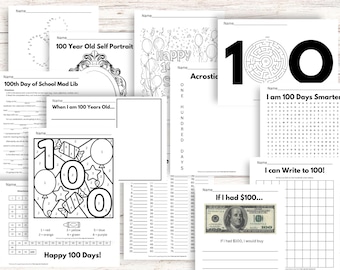 100th Day of School Activity Bundle, Literacy Activities, Math Activities, Art Activities, Writing Prompts, Self Portrait, Maze, Dot to Dot