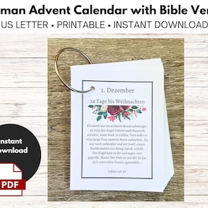 Könnte beinhalten: Ein deutscher Adventskalender mit Bibelversen, druckbar im US-Letter-Format. Der Kalender besteht aus einem ringgebundenen Stapel weißer Seiten. Jede Seite zeigt ein Blumendesign und deutschen Text, darunter "1. Dezember" und "24 Tage bis Weihnachten."