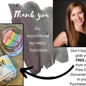 Thank you for supporting my small business.  A picture of the owner, That Lady who Teaches Art. And a reminder to get the free gift from your purchased files that is includes a link to the 100 Promises from God jar.