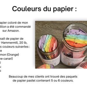 Couleurs du papier. Le papier coloré de mon échantillon a été commandé sur Amazon.  C'était du papier de couleur Hammermill, 20 lb dans les couleurs suivantes : rose, saumon (orange), canari (jaune), vert, bleu et lilas.