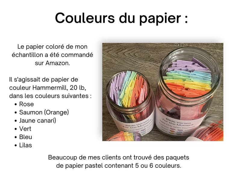 Couleurs du papier. Le papier coloré de mon échantillon a été commandé sur Amazon.  C'était du papier de couleur Hammermill, 20 lb dans les couleurs suivantes : rose, saumon (orange), canari (jaune), vert, bleu et lilas.