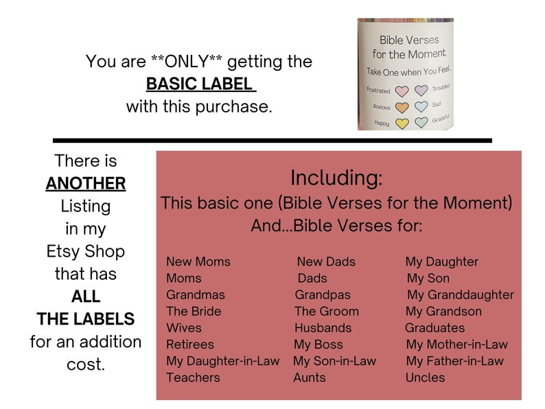 You are only getting the basic label with this purchase.  There is another listing in my Etsy shop that has all the labels for an additional cost.  New Moms, Moms, Grandmas, The Bride, Wives, Retirees, My DIL, Teachers, New Dads, Grandpas, etc.