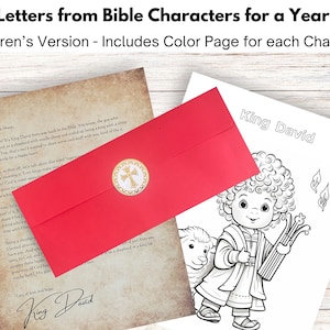 May include: A set of children's educational materials featuring letters from Bible characters. Includes a red envelope with a gold emblem, a letter, and a coloring page of King David with a sheep. The text reads "Letters from Bible Characters for a Year."