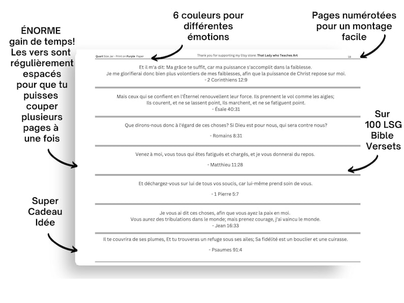 Une page du fichier de vers paysage. 6 émotions différentes. Assemblage facile. Plus de 100 vers français.  Excellente idée cadeau. Gain de temps énorme ! Les versets sont régulièrement espacés afin que vous puissiez couper plusieurs pages à la fois.