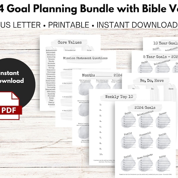 Goal Setting  Bundle with Bible Verses - Mission Statement, Vision, Core Values, Monthly Reflection, Christian - Instant Download