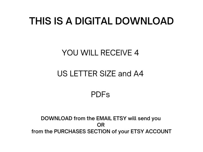 This is a digital download.  You will receive 4 US Letter size PDFs and 4 A4 sized PDFs.  Download from the Email Etsy will send you or from the Purchases section of your Etsy account.