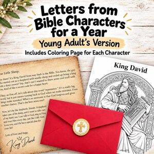 May include: A set titled Letters from Bible Characters for a Year Young Adult's Version, featuring a parchment-style letter from King David, a red envelope with a gold cross seal, and a black and white coloring page of King David.