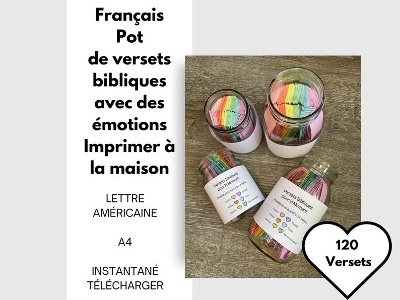 Une image de pots de 2 pintes et de pots de 2 litres remplis de bouts de papier plié en rose, orange, jaune, vert, bleu et violet.  Une étiquette blanche autour des pots qui dit de prendre la couleur de l'émotion coordonnée que vous ressentez