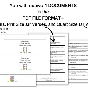 You will receive 4 documents in the PDF file format.  Two Labels that say Bible Verses for the Moment with 6 emotions. One label has colored hearts.  The other label has colored squares. A portrait file of 120 color coded verses for a pint jar. A landscape file of 120 color coded verses for a quart jar.