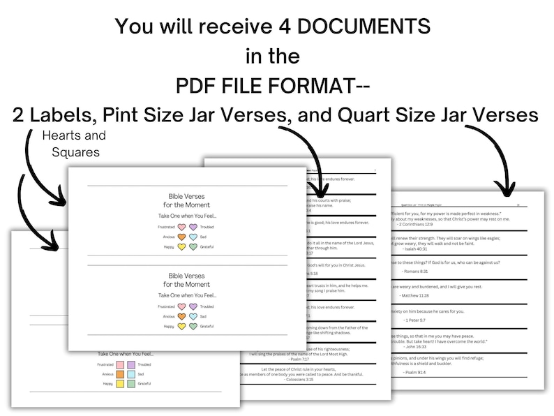 You will receive 4 documents in the PDF file format.  Two Labels that say Bible Verses for the Moment with 6 emotions. One label has colored hearts.  The other label has colored squares. A portrait file of 120 color coded verses for a pint jar. A landscape file of 120 color coded verses for a quart jar.