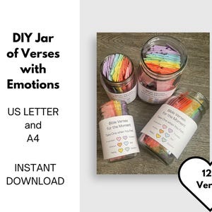 A picture of 2 pint sized jars and 2 quart sized jars filled with slips of folded paper in pink, orange, yellow, green, blue, and purple.  A white label around the jars that says to take the color that of the the coordinating emotion you are feeling.  Sizing includes both US Letter and A4.