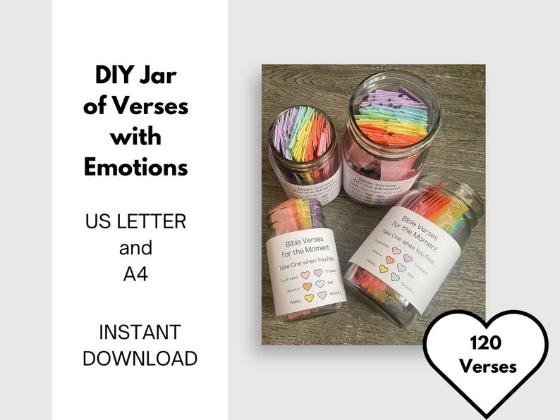 A picture of 2 pint sized jars and 2 quart sized jars filled with slips of folded paper in pink, orange, yellow, green, blue, and purple.  A white label around the jars that says to take the color that of the the coordinating emotion you are feeling.  Sizing includes both US Letter and A4.