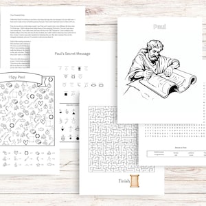 Actividades de Pablo, Hoja de trabajo de personajes bíblicos, Página para colorear, Laberinto, Sopa de letras, Mensaje secreto, Página de "Veo, veo", Escuela dominical, Educación en casa