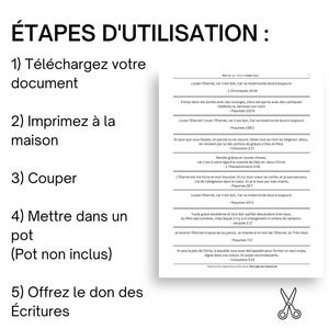 Étapes d'utilisation 1) Téléchargez votre document 2) Imprimez à la maison 3) Découpez 4) Mettez dans un pot 5) Offrez les Écritures