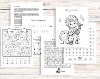 King David Activities, Bible Character Worksheet, Coloring Page, Maze, Word Search, Secret Message, I Spy Page, Sunday School, Homeschool