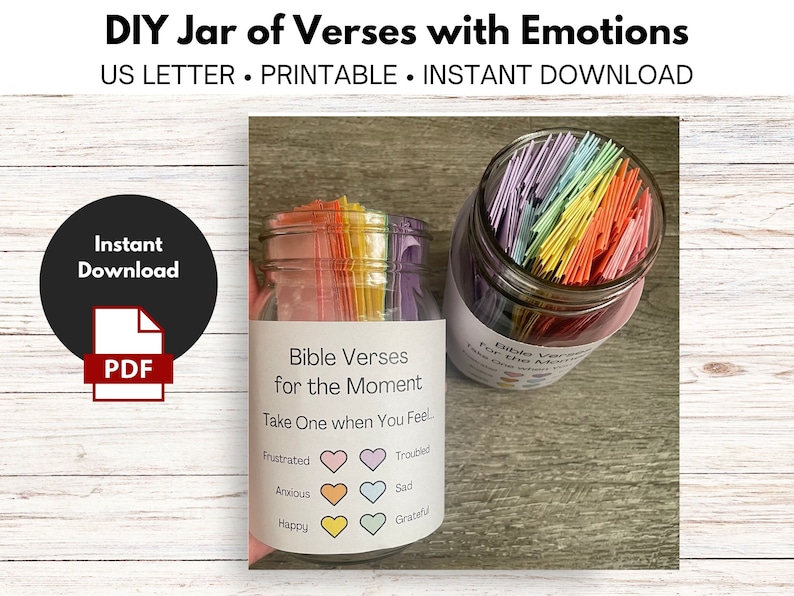 A picture of a jar filled with slips of folded paper in various pastel colors: pink, orange, yellow, green, blue, and purple.  A white label wrapped around the jar that has the directions to take the color that represents the emotion you are feeling.