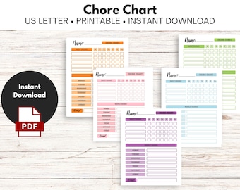 Chore Chart -  Daily Chores, Weekly Chores, and Reward- 5 Different Colors for Siblings to Choose From - Instant Download