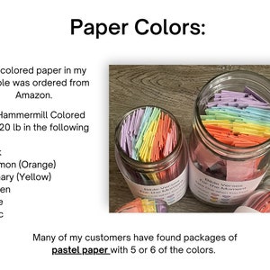 Paper colors. The colored paper in my sample was ordered from Amazon.  It was Hammermill Colored paper, 20 lb in the following colors: pink, salmon (orange), canary (yellow), green, blue, and lilac.