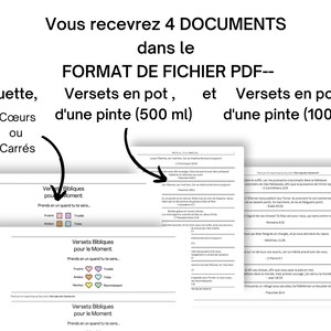 Vous recevrez 4 documents au format de fichier PDF.  Deux étiquettes françaises. Un fichier portrait de 120 versets codés par couleur pour un pot de pinte. Un fichier paysage de 120 versets codés par couleur pour un pot d'un litre.
