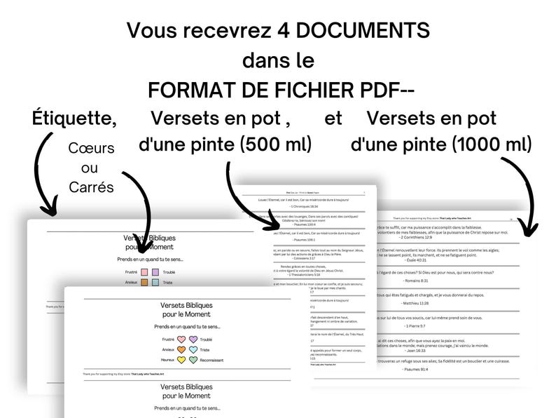 Vous recevrez 4 documents au format de fichier PDF.  Deux étiquettes françaises. Un fichier portrait de 120 versets codés par couleur pour un pot de pinte. Un fichier paysage de 120 versets codés par couleur pour un pot d'un litre.