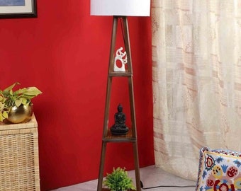 Lámpara de pie de estante de madera con pantalla de algodón blanco para decoración del hogar y la oficina, lámpara de pie de estante de madera con pantalla de algodón blanco