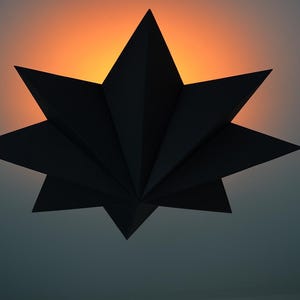 Puede incluir: Un objeto negro en forma de estrella con puntas angulares y afiladas. El fondo presenta una transición de un naranja cálido a un gris frío. El diseño abstracto crea un contraste geométrico llamativo.