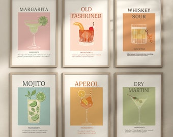 Retro Cocktail Kunstdrucke: Aperol, Margarita, Martini (6er Set) (Digitaler Download)