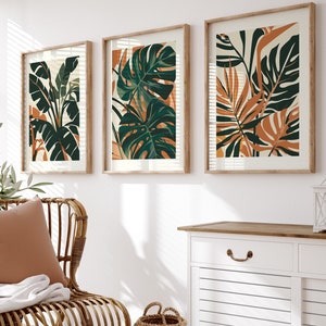 Tropical Wall Art, Flower Poster Print, Botanical Art Prints, Tropical Leaves Art, Floral Print Set, Set of 3 Prints, Monstera Print