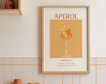 Impression d'art cocktail Aperol Spritz, affiche d'art murale alcool, impression d'art cocktail rétro, impressions de cuisine, déco chariot de bar, impression boisson signature