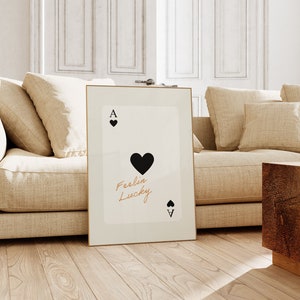 Impressão de arte de parede divertida de cartas de jogar, impressão de carta de ás com coração, impressão de sorte, decoração de bar de cartas de pôquer, pôster de cartas de jogar pretas, digital
