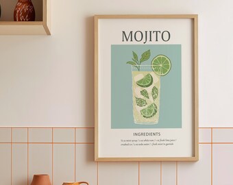 Mojito Cocktail Art Print, Alcohol Wall Art Poster, Retro Cocktail Art Print, Kitchen Prints, Bar Cart Decor, Signature Drink Print, Digital