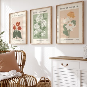 Flower Gallery Wall Art Set di 3 stampe, Poster del mercato dei fiori, Stampe d'arte da parete botaniche, Arte da parete alla moda, Poster di fiori, Poster della mostra