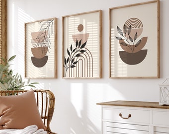 Brown Boho Prints Set, Neutral Modern Wall Art, Abstract Set of 3, Boho Rainbow Wall Art, Bohemian Art Printable, Beige, Digital Download