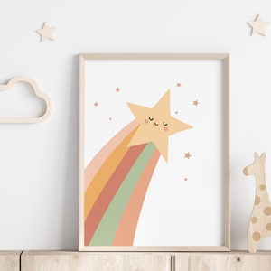 Star Wall Art Print, Star Nursery Decor, Moon and Stars Prints, Rainbow Comet Print, Night Sky Print, Stars and Moon Art, Kids Room Artwork