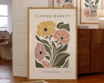 Kleurrijke bloemenmarktafdrukken, bloemenmuurkunstposter, moderne kunstafdrukken, digitale bloemenschilderijen, botanische prenten, wanddecoratie voor thuis